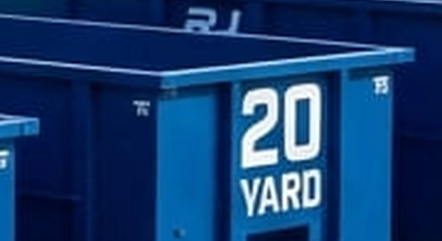 A clean, correctly-labeled 20 yard RJ Dumpster Rental Littleton roll-off container staged at the company yard, part of a five-container size lineup