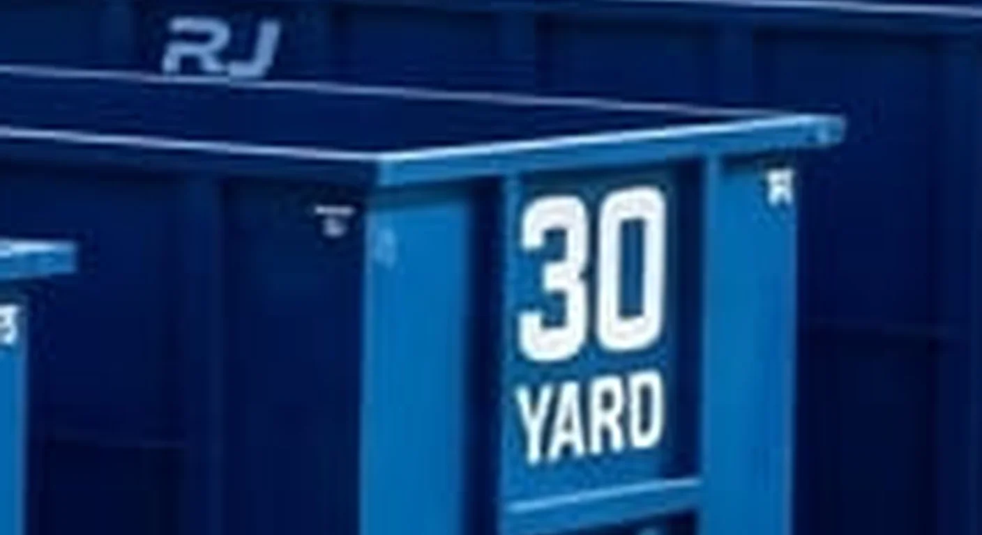 30 Yard Dumpster Rental in Littleton, CO A clean, correctly-labeled 30 yard RJ Dumpster Rental Littleton roll-off container staged at the company yard, part of a five-container size lineup