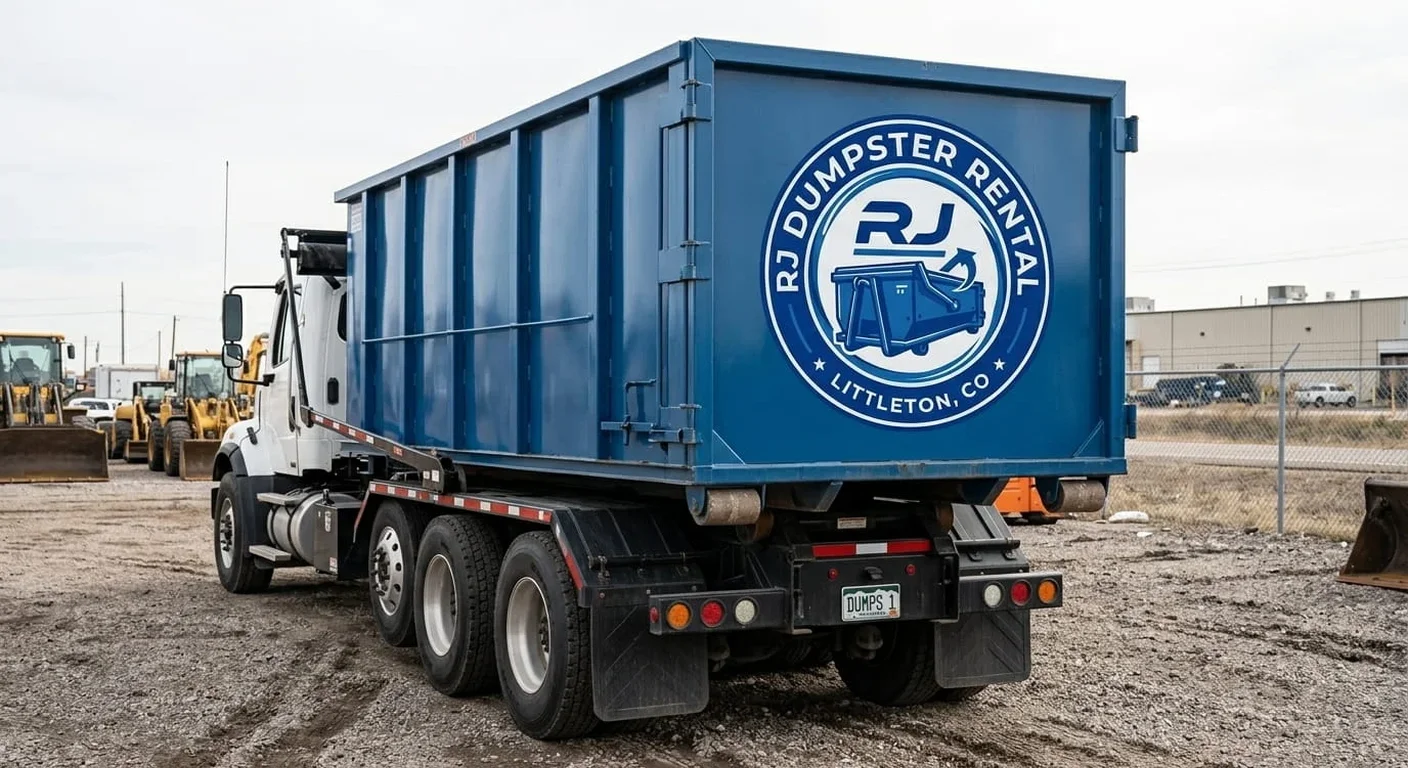 An RJ Dumpster Rental Littleton dumpster truck staged at the company yard