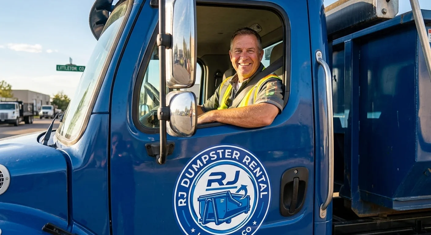 Dumpster Delivery Service - Littleton, CO An RJ Dumpster Rental Littleton driver smiling from the cab of a delivery truck, ready for a delivery run