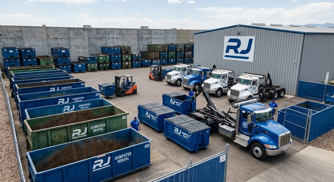 Our Dumpster Rental Fleet - Littleton, CO The RJ Dumpster Rental Littleton yard, with trucks staged for dispatch