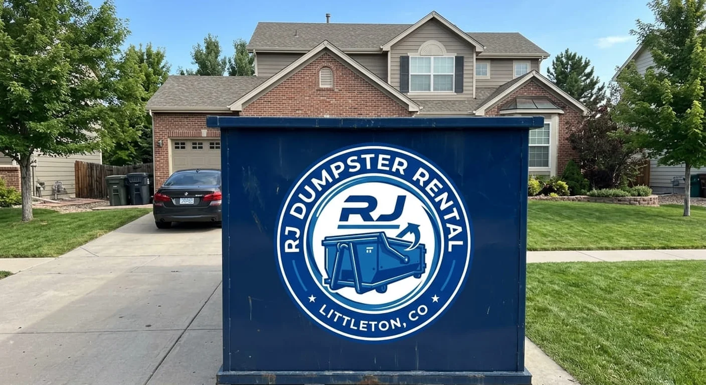 Dumpster rental delivery near Highlands Ranch, CO An RJ Dumpster Rental Littleton roll-off dumpster staged for a job near Highlands Ranch, CO