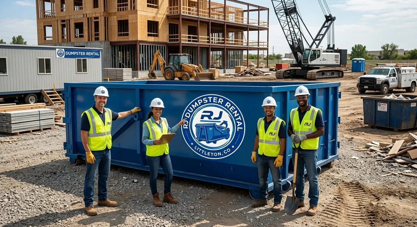 Meet the RJ Dumpster Rental Littleton Team The RJ Dumpster Rental Littleton onsite crew standing together at a construction job site
