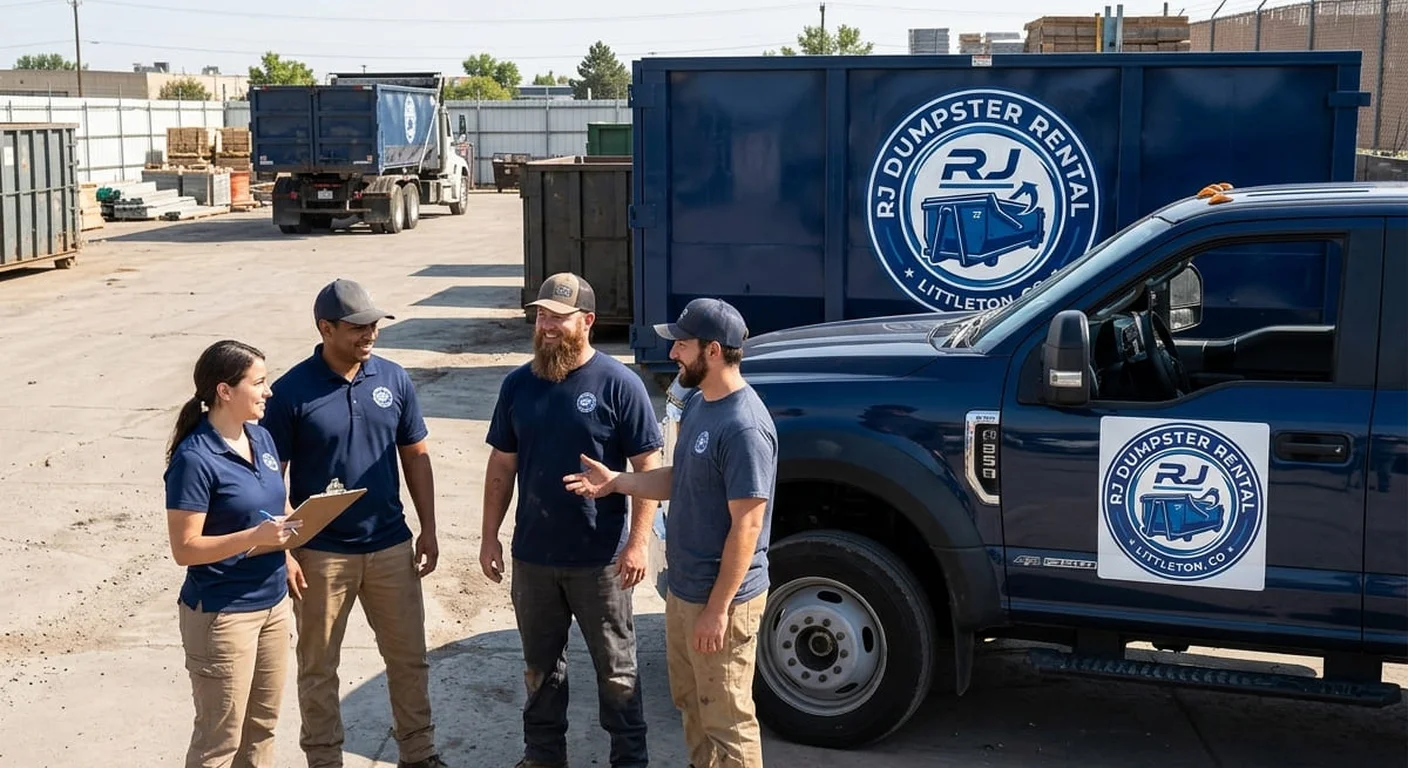 RJ Dumpster Rental Littleton crew members talking together at the company dumpster yard during an estate cleanout project
