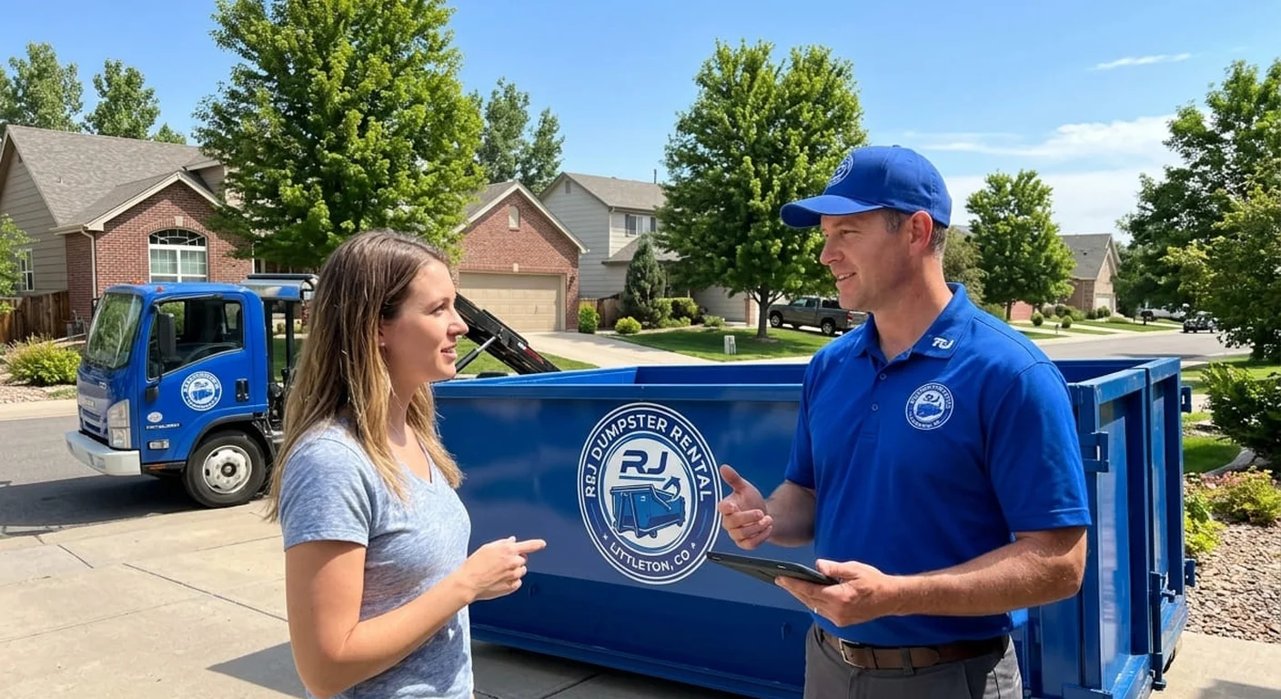 Junk Removal Dumpster Rental in Littleton, CO An RJ Dumpster Rental Littleton driver talking with a homeowner beside a delivered dumpster during a junk-removal job