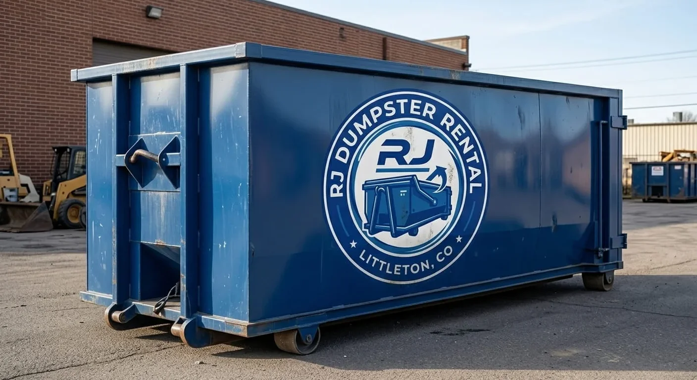 An RJ Dumpster Rental Littleton empty blue roll-off container staged and ready for a project