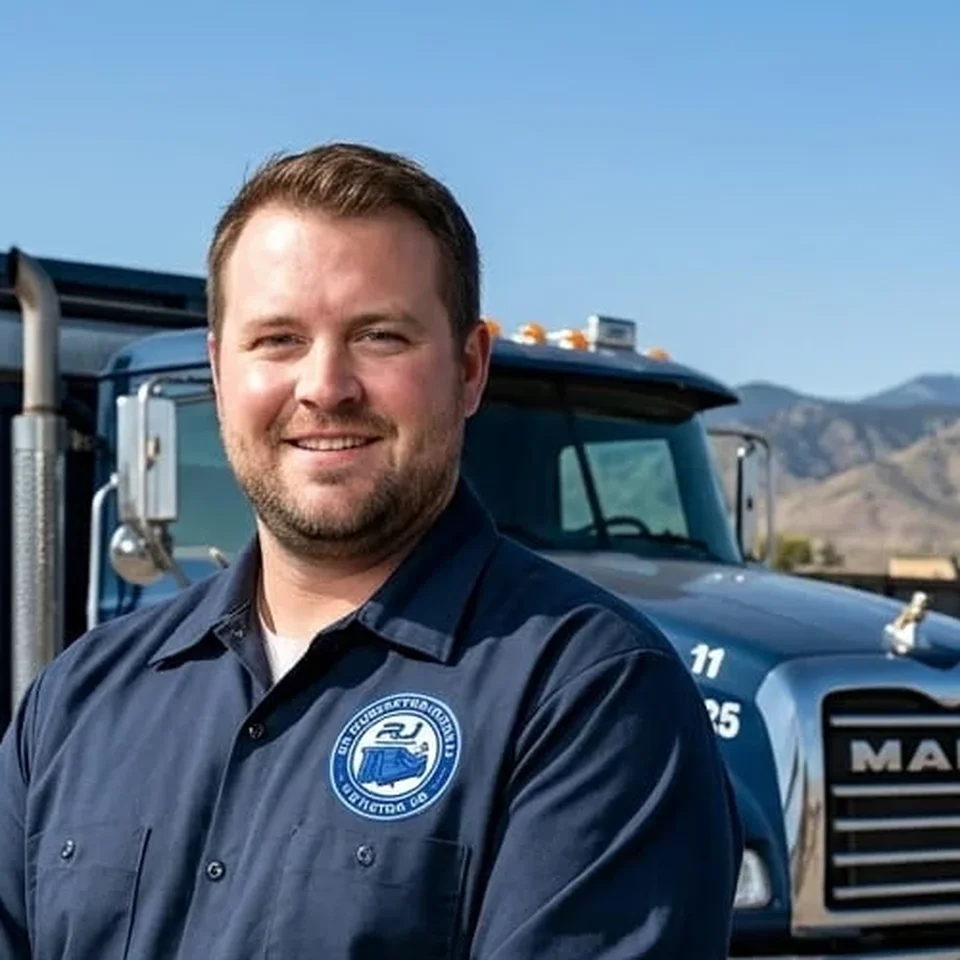Jake Morrow - Lead Driver Jake Morrow, Lead Driver at RJ Dumpster Rental Littleton, standing beside a company roll-off truck