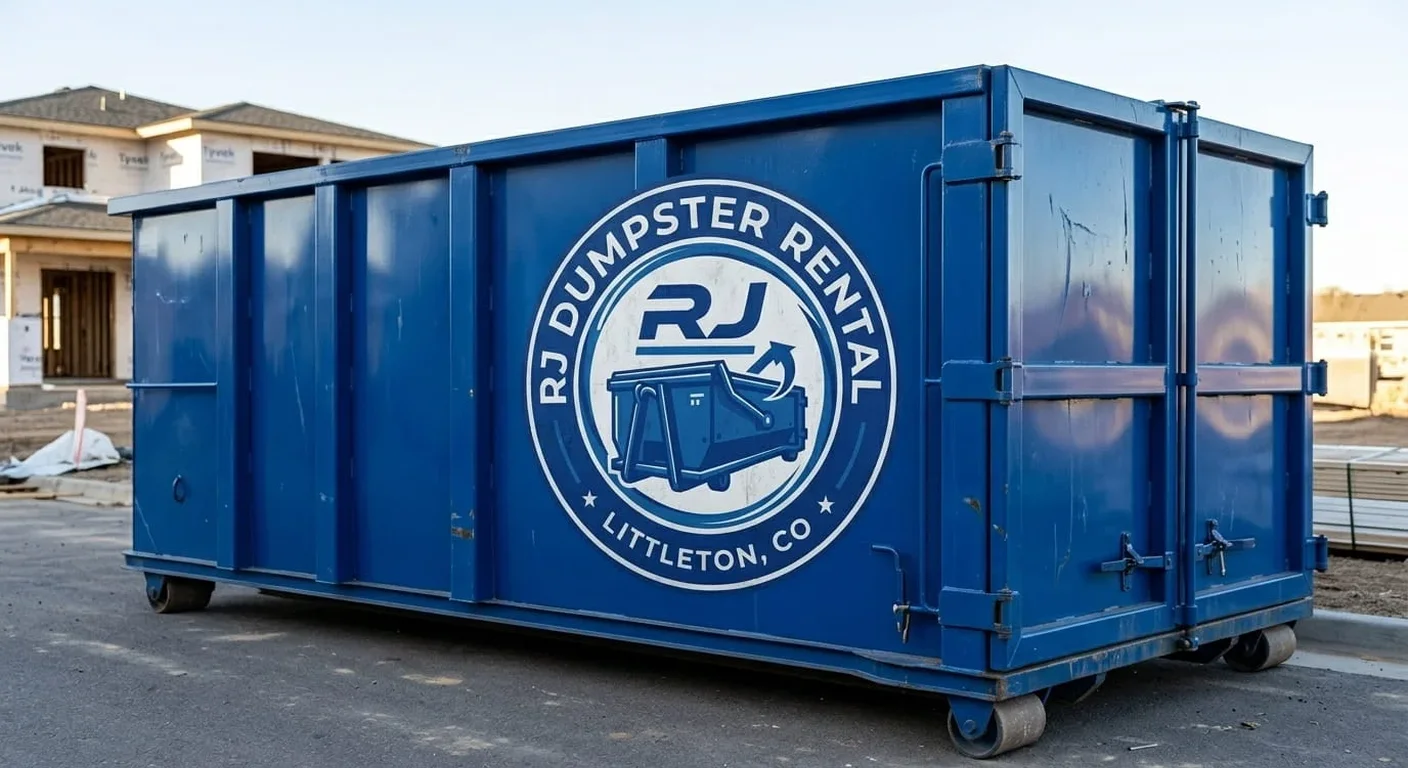 An RJ Dumpster Rental Littleton blue dumpster staged on a driveway, ready for a yard-waste and defensible-space cleanup